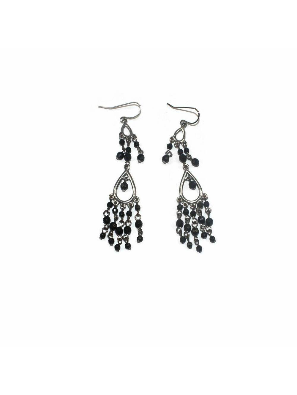 Vintage Silver Tone and Black Plastic Dangle Earrings with Hook Backs.